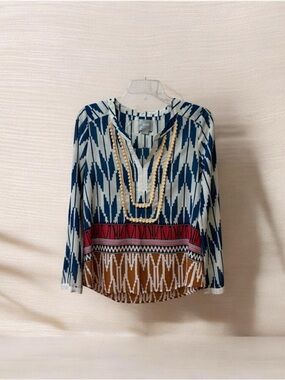 Anthropologie Maeve Rohana Embellished Henley Top  Ikat-Style Print Size 4